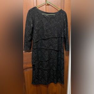 Roni Nicole women’s black Lace,Tiered 3/4 sleeve sequin detail evening dress 14